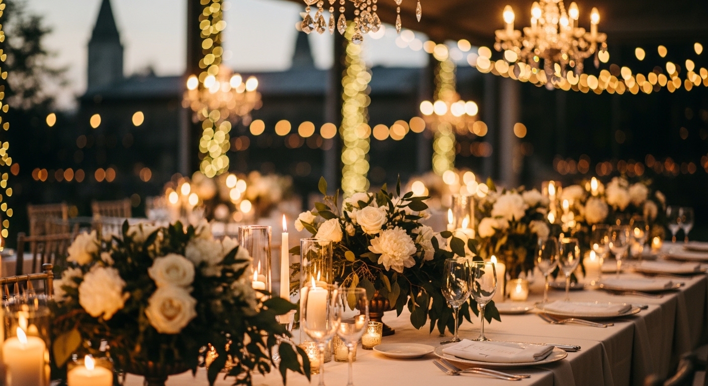 Elegant wedding venue with romantic lighting